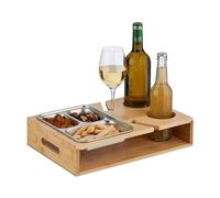 Relaxdays Snack Tray, Couch Bar, Bamboo, Stainless Steel Bowl, Drinks & Wine Glass Holder, Handles, Natural/Silver, 8 x 36.5 x 25 cm