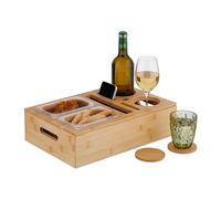Relaxdays Snack Tray, Couch Bar, Bamboo, Steel Bowl, Drinks & Wine Glass Holder, Handles, Cup Coasters, Natural/Silver, 10.5 x 40 x 26 cm