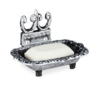 Relaxdays Soap Dish, Soap Tray, Soap Plate, Cast Iron, Antique Design, Angular Soap Holder, Drain, Nostalgic, Silver