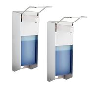 Relaxdays Soap Dispenser, Set of 2, 1000 ml, Steel Pump, Lever, Sanitiser Container, Wall-Mount, Hygienic, Silver/White