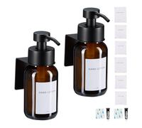 Relaxdays Soap Dispenser, Set of 2, 250 ml, Glass, Stainless Steel, Wall-Mounted, Adhesive, Sanitiser Pump, Brown/Black