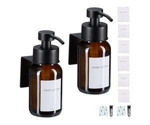 Relaxdays Soap Dispenser, Set of 2, 250 ml, Glass, Stainless Steel, Wall-Mounted, Adhesive, Sanitiser Pump, Brown/Black