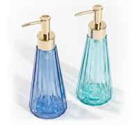 Relaxdays Soap Dispenser Set of 2, 320 ml, Refillable Glass, Soap & Shower Gel, Bathroom & Kitchen, Gold Pump Green/Blue