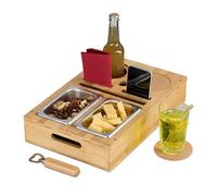 Relaxdays Sofa Snack Tray, Couch Drink & Wine Holder, Bamboo, Stainless Steel Bowls, Handles, Cup Coasters, Natural, Cork, 8 x 40 x 26 cm
