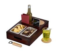 Relaxdays Sofa Snack Tray, Couch Drink & Wine Holder, Bamboo, Stainless Steel Bowls, Handles, Cup Coasters, Caddy, Brown