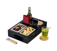 Relaxdays Sofa Snack Tray, Couch Drink & Wine Holder, Bamboo, Stainless Steel Bowls, Handles, Cup Coasters, Caddy, Black