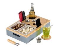 Relaxdays Sofa Snack Tray, Couch Drink & Wine Holder, Bamboo, Stainless Steel Dip Bowls, Handles, Coasters, Caddy, Grey, 70% 10% Cork 20%, 8 x 40 x 26 cm