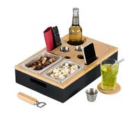 Relaxdays Sofa Snack Tray, Couch Drink & Wine Holder, Bamboo, Stainless Steel Dip Bowls, Handles, Coasters, Caddy, Black, 20% 70% 10% Cork, 8 x 40 x 26 cm