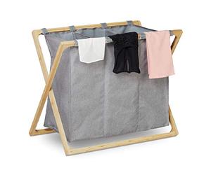 Relaxdays Sorter, Foldable Basket with 3 Compartments, 3 x 28 L, Laundry Separator, 57.5 x 69 x 38 cm, Grey/Natural, 40% bamboo 60% polyester, 1 item