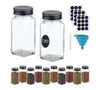 Relaxdays Spice, 12x Set, Sprinkle Insert, Square Glass Jars, 120 ml, with Labels, Pen & Funnel, Transparent/Black, 12