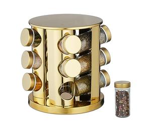 Relaxdays Spice Carousel, 12 Herb Jars, 360° Rotatable, Stainless Steel, Glass, HxØ: 22 x 20cm, Round Counter Rack, Gold