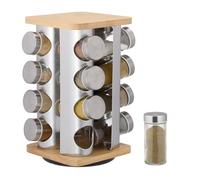 Relaxdays Spice Carousel, 16 Jars, 360° Rotating, Stainless Steel, Bamboo, Glass, HxWxD: 28 x 20 x 20 cm, Silver/Natural