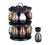 Relaxdays Spice Carousel, 16 Transparent Herb Jars, Rack 360° Rotatable, HxØ: 29 x 19 cm, made of Plastic, Black/Silver