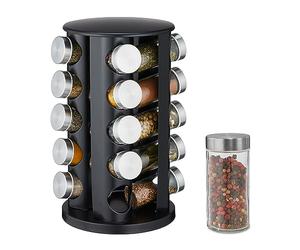 Relaxdays Spice Carousel, 20 Jars, 80ml Each, 360° Rotating, Stainless Steel, Glass, HxØ: 34.5x22cm, Counter Rack, Black, 34.5 x 22 x 22 cm