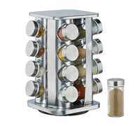 Relaxdays Spice Carousel with 16 Jars on 4 Tiers, 360° Rotation, Shakers, Stainless Steel, Silver