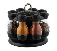 Relaxdays Spice Carousel with 8 Plastic Jars, 360° Rotatable, Portable, HxD 17 x 19 cm, Black/Transparent