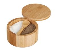 Relaxdays Spice Jar with Lid & Spoon, 2 Sections, Natural Bamboo, Salt Container, HxØ: 6.5 x 12.5 cm, Magnetic, 6.5 x 12.5 x 12.5 cm