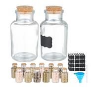 Relaxdays Spice Jars, Set of 14, Glass Seasoning Containers, 150 ml, incl. Labels & Cones, Cork Lid, Transparent/Natural, 11 x 5.5 x 5.5 cm