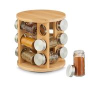 Relaxdays Spice Rack, 12 Jars, 360° Rotating Carousel Stand, HxD 21 x 21 cm, Bamboo, for Herbs & Seasoning, Natural, Stainless Steel, Glass