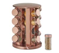 Relaxdays Spice Rack, 16 Glass Jars, Rotatable, Metal, H x D: approx. 28 x 22 cm, Copper, Stainless steel