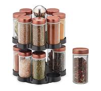 Relaxdays Spice Rack, 16 Glass Jars, Rotatable, Stainless Steel, H x D: approx. 25 x 17 cm, Copper/Silver/Black