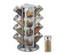 Relaxdays Spice Rack, 16 Glass Jars, Rotatable, Stainless Steel, H x D: approx. 33 x 22 cm, Silver