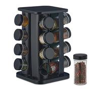 Relaxdays Spice Rack, 16 Glass Jars, Rotatable, Stainless Steel, H x W x D: 27.5 x 20 x 20 cm, Black, 70% 30%