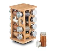 Relaxdays Spice Rack, 16 Jars, 360° Rotating Carousel Stand, HxWxD 27 x 17 x 17 cm, Bamboo, Herbs & Seasoning, Natural, Glass, Stainless Steel