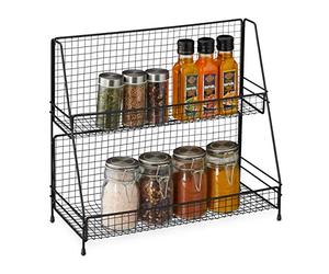 Relaxdays Spice rack, 2 levels, metal, kitchen rack for spices, standing, spice rack HBT 35 x 40 x 16 cm, black, 1 piece, 10035385