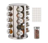 Relaxdays Spice Rack, 20 Glass Jars, 40 Labels, Rotatable, Stainless Steel, H x D: Approx. 33.5 x 19.5 cm, Silver