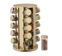 Relaxdays Spice Rack, 20 Glass Jars, Rotatable, Stainless Steel, H x D: Approx. 33.5 x 23 cm, Gold