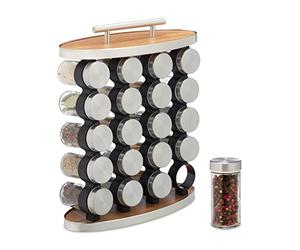 Relaxdays Spice Rack, 20 Glass Jars, Stainless Steel, H x W x D: 35 x 28 x 12 cm, Silver/Natural