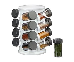 Relaxdays Spice Rack, Rotatable, 16 Spice Jars, Flavour-Preserving Storage, Spice & Herb Organiser, Plastic, White