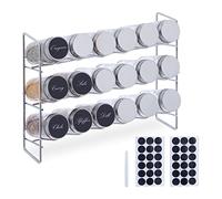 Relaxdays Spice Rack with 18 Jars, incl. 36 Labels, Herb Container, Glasses for Storage, HxWxD: 22 x 29 x 9.5 cm, Silver