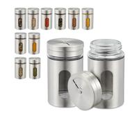 Relaxdays 10027637 Spice Shaker Set of 12, 3 Dispensing Sizes, Window, Herb Jars, Glass, Stainless Steel, Containers, Silver