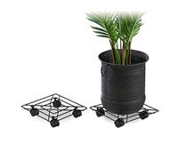 Relaxdays Square Plant Caddy Set of 2, In- and Outdoors, Brakes, Rolling Flowerpot Saucer, Metal, 28x28cm, Black