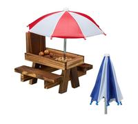 Relaxdays Squirrel Feeder Table, Wood, with 2 Umbrellas, Hanging Feeding Station, Water Trough, Garden, Dark Brown