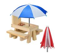 Relaxdays Squirrel Feeder Table, Wood, with 2 Umbrellas, Hanging Feeding Station, Water Trough, Garden, Light Brown