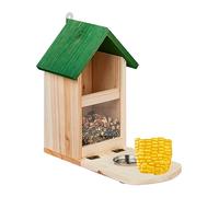 Relaxdays Squirrel Feeder, Wooden, Nut & Seed Silo with Corn Cob Holder, Feeding Platform, Water Bowl, Natural/Green