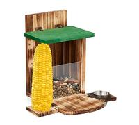 Relaxdays Squirrel Feeder, Wooden, with Corn Cob Holder, Feeding Platform, Water Bowl, Nut & Seed Silo, Natural/Green, Wood, 27 x 28 x 23 cm