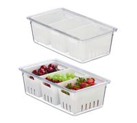 Relaxdays 2X Fridge, Stackable, 3 Draining Baskets, Food Organiser, Lid, 10 x 32 x 17.5 cm, Transparent/White