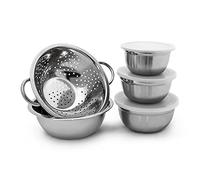 Relaxdays Stainless Steel Set of 5 Pieces Diameter 14, 16, 18, 24 cm, Mixing Different Sizes Salad Keep-Fresh Lid Incl. Colander Serving Bowl Set, Silver, 10 x 24 x 30 cm