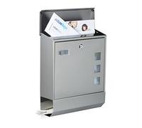 Relaxdays Stainless Steel Letterbox with Newspaper Slot, Name Plate, Viewing Window, HxWxD: 42 x 35 x 12.5 cm, Design, Silver, 12.5 x 35 x 42 cm