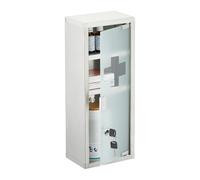 Relaxdays Medicine Cabinet, 3 Shelves, Stainless Steel, First Aid Storage, Frosted Glass, 45x18x12cm, Lockable, Silver