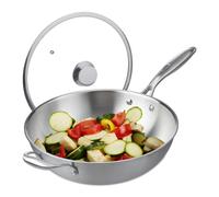 Relaxdays Wok, 32 cm, Uncoated Stainless Steel, Glass Lid, Gas, Induction & Electric Hobs, Stir Fry Pan, Handle, Silver