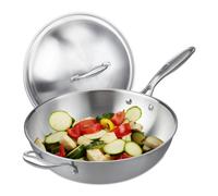 Relaxdays Wok, 32 cm, Uncoated Stainless Steel, Gas, Induction & Electric Hobs, Stir Fry Pan with Lid and Handle, Silver