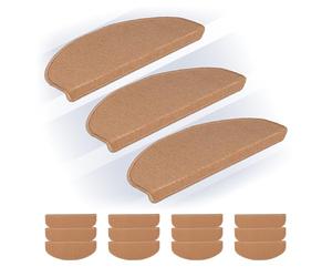 Relaxdays Stair Treads, Set of 15, Rounded Step Mats, 65 x 24 cm, Self-Adhesive, Non-Slip, Carpet Runner, Beige, Plastic