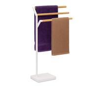 Relaxdays Standing Towel Rack, HxWxD: 75 x 38.5 x 18 cm, Metal, Bamboo, 3 rods, Bathroom, White/Natural, Plastic, Iron
