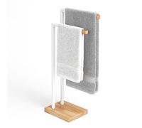 Relaxdays Freestanding Towel Stand with 2 Bars, Metal and Bamboo, White/Natural, 80.5 x 38.5 x 19.5 cm