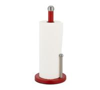 Relaxdays Kitchen Roll Holder, Bamboo, Stainless Steel, Standing Paper Towel Rack with Stopper, HxØ: 35x15cm, Silver/Red, 35 x 15 cm